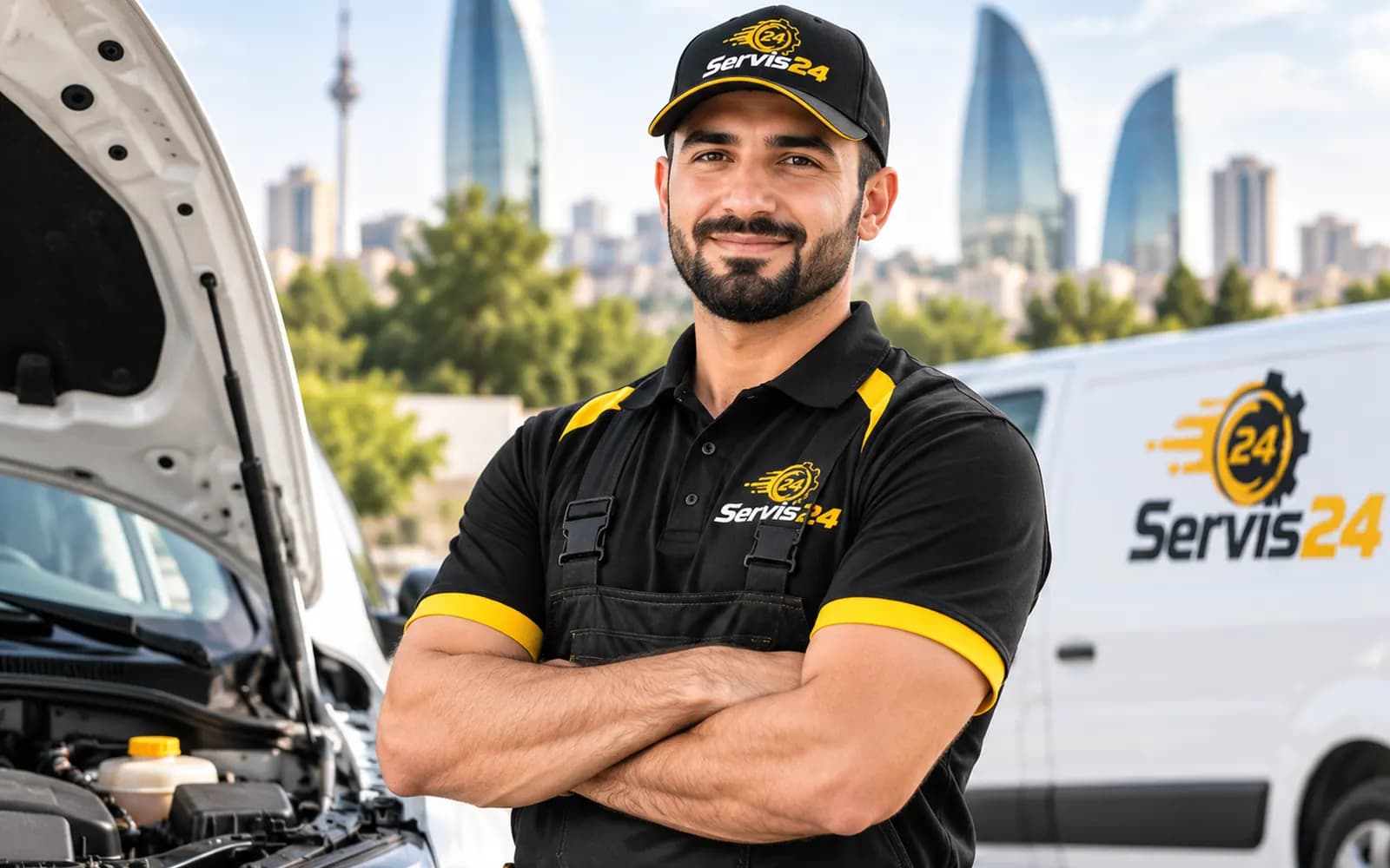 Servis24 ustası xidmət avtomobilinin yanında, Bakı